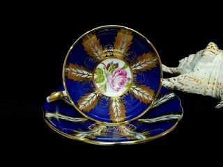 Vintage Paragon Blue & Gold Edging Panel Pink Roses Bone China Cup & Saucer
