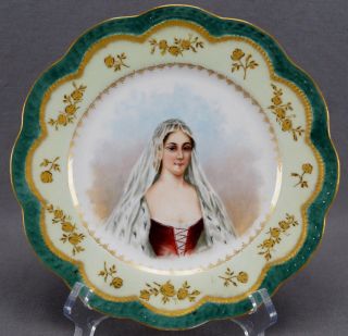 Haviland Limoges Sevres Style Hand Painted Lady Portrait Gold Rose Green Plate