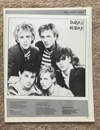 Duran Duran - My Own Way 1981 Full Page Lyric Poster