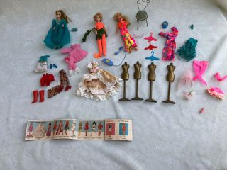 Vintage 1970 2 Dawn Dolls,  1 Rock Flower Doll With Clothes And Accessories