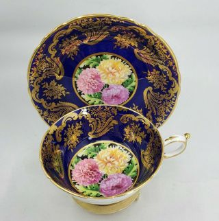 Paragon Mums / Chrysanthemums Cobalt Blue Gold Tea Cup And Saucer