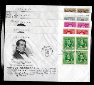 859 - 893 Stamp Set (blocks) (1940) - Famous American Authors - Art Craft Fdc Set