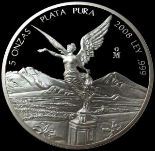 2008 Mo Silver Mexico Proof 5 Onza Libertad 999 Fine Coin In Capsule