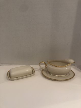 Lenox Eternal Gold Butter Dish And Gravy Boat With Underplate