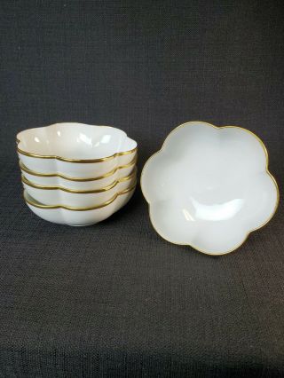 A.  Raynaud Ceralene Limoges White,  Gold Trim Small Melon Dishes (5) 5 ".