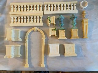 Dollhouse Formal Courtyard Resin Fixtures Statue Planters Arch Stone Walls