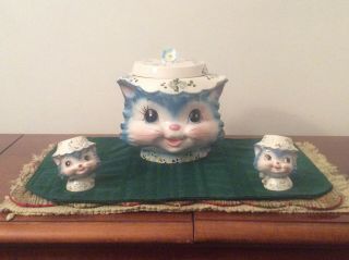 Vintage Lefton Miss Priss Cookie Jar 1502 W/ S & P Shakers 1511 And Stickers