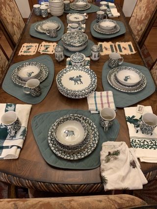 51 Pc.  Set Folk Craft Moose & North Country By Tienshan Dish Set Service For 10