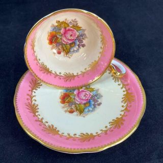 Aynsley England Ja Bailey Signed Cabbage Rose Pattern Pink Cup Saucer C993
