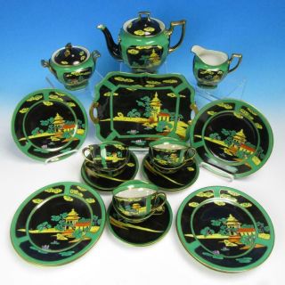 Noritake China - Pagoda Green/black/yellow Art Deco Water Lilies - 24 Pc Tea Set