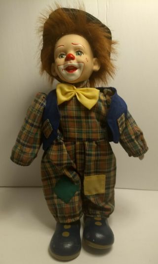 Vintage Porcelain Clown Doll 14 " Hand Painted Scarecrow Style Outfit Euc Ar77