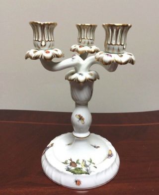 Herend Hungary 7915 Rothschild Bird 3 Arm Porcelain Candle Holder