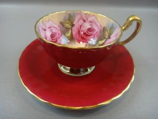 Stunning Aynsley Tea Cup & Saucer Large Pink Cabbage Rose Burgundy