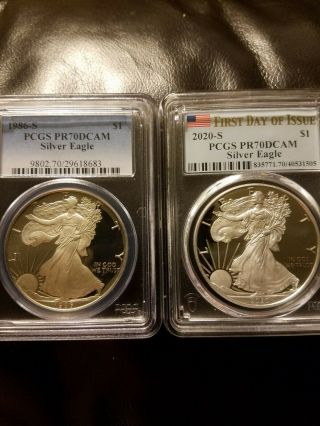 1986 - S & 2020 - S Proof Silver Eagles Pcgs Pr70dcam First Year And (fdi)