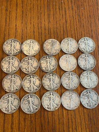 90 Silver Walking Liberty Half Dollars Full Roll Of 20 Coins - Mostly 30s Dates