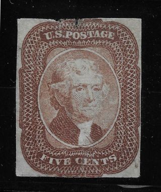 Us Stamp Scott 12 1856 Jefferson 5c Type - 1 Red - Brown Imperf,  Thin & Tear At Top