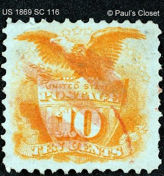 Us Sc 116 10¢ Shield & Eagle Yellow " G " Grill 1869 Ung Faint Red Cancel Vf