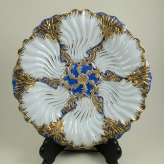 Meissen Porcelain Gold & Blue Rococo Style Oyster Plate Bowl W Cattail Design