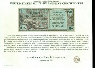 1996 Souvenir Card = Sccs Ana - 15 Thru 22 = Military Currency Set Of 8