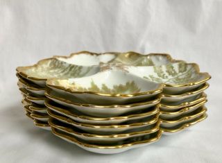 6 T&v Oyster Plates Limoges France Green And Gold With Sea Ferns