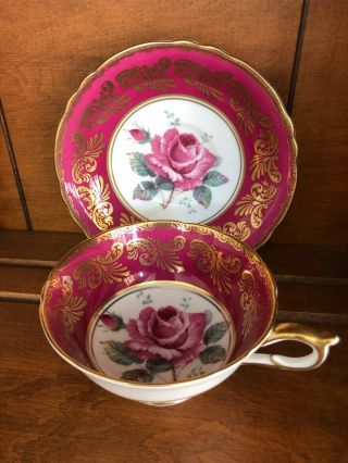 Paragon Floating Cabbage Rose Pink /red Gilt Teacup And Saucer