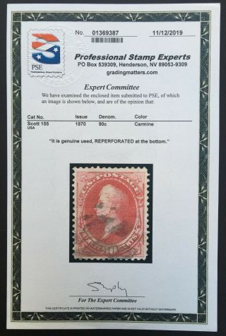 US Stamp 155 90c Carmine with PSE Cert.  SCV $325 3