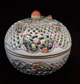 Herend Medium 6 " Size Reticulated Round Candy Box With Strawberry Finial 6212/c