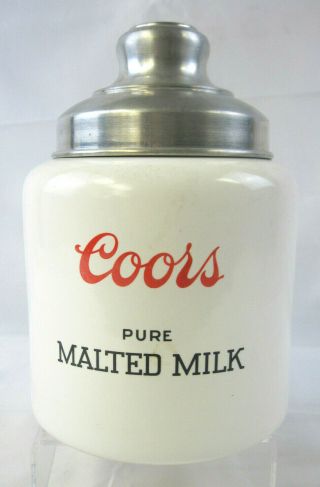Vintage Depression Era Coors Pure Malted Milk Pottery Ceramic Crock With Tin Lid