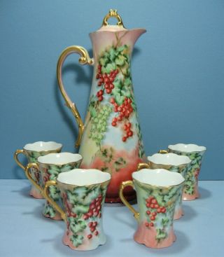 Exquisite Vintage Gda France & T & V Limoges Hand Painted Chocolate Pot & 6 Cups