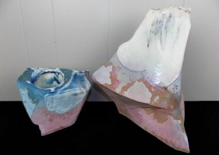2 Tony Evans Ancient Sands Raku Glaze Abstract Pottery Vases 12.  75 " & 6 " Ceramic