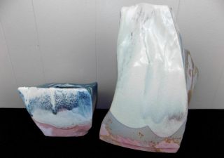 2 Tony Evans Ancient Sands raku glaze abstract pottery vases 12.  75 