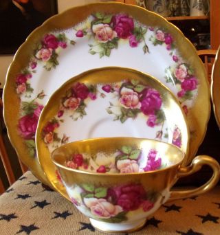 12pc Set Tea Cups & Dessert Plates Royal Chelsea Golden Rose 24k Gold England
