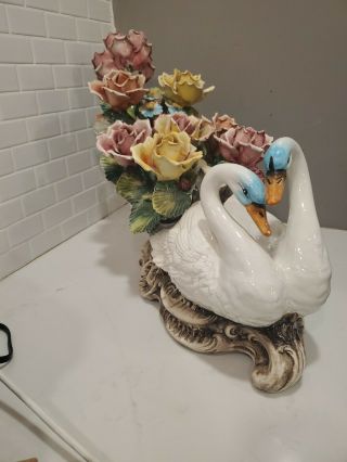 Capodimonte Swan Flowers Centerpiece Figure Made In Italy 29 " Long