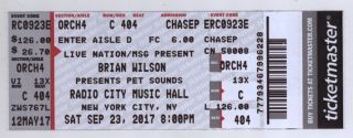Rare Brian Wilson 9/23/17 Nyc Ny Radio City Music Hall Ticket The Beach Boys