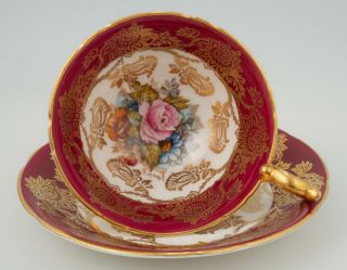 Aynsley Cup & Saucer Bone China Rose Burgundy Gold England Signed J.  A.  Bailey