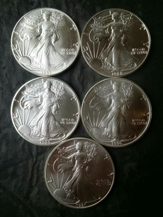 1987 To 1991 $1 American Silver Eagle Dollars (5 Coins)