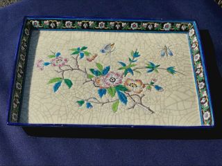 Early French Longwy 19th Century Enamel Pottery Tray With Japonisme Decor