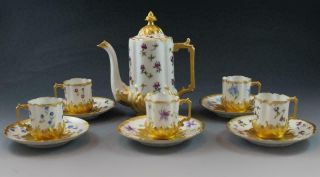 C1890s French Limoges Porcelain Demitasse Set W/ Coffee Pot & 5 Cups & Saucers