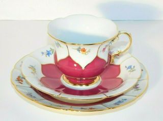 Vtg.  Meissen 3 - Piece Trio Floral Deep Pink Gold Rim Cup Saucer Plate Set Scarce