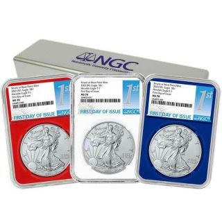 - 2021 (w) $1 American Silver Eagle 3pc.  Set Ngc Ms70 Fdi First Label Re
