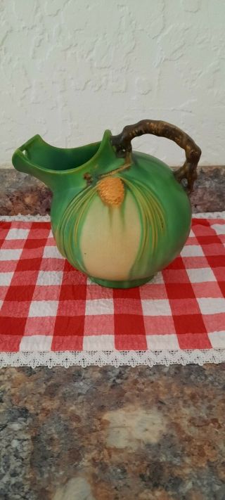 Roseville Art Pottery Green Pine Cone Ball Pitcher W/twig Handles