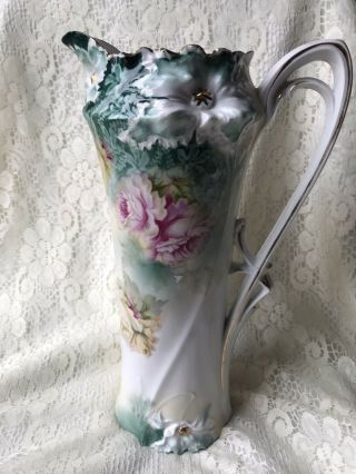 R.  S.  Prussia Carnation Mold 13” Tankard Teal Blue With Pink Roses