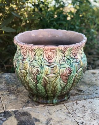 Weller Pink/green Roses Floral Majolica Glaze Jardiniere Pottery Planter Pot