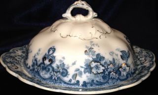 Alfred Meakin Richmond Round Butter Dish & Lid Blue Green Flowers & Gold Accent