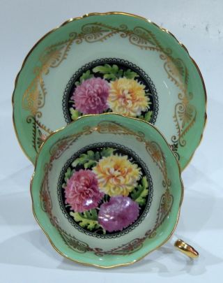 Paragon Fancy Chrysanthemum Cup & Saucer Two - Tone Green & Gold Filigree