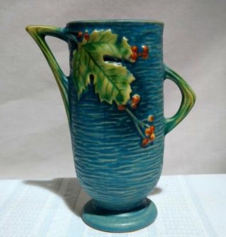 Roseville Pottery,  Bushberry,  Blue Double Twig Handled Vase,