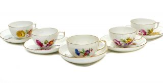 5 Kpm Berlin Germany Hand Painted Porcelain Cup And Saucers,  Floral Designs