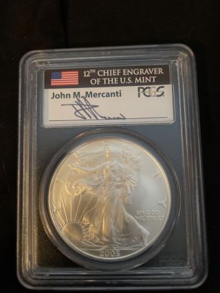 2005 $1 American Silver Eagle 1 Oz Pcgs Ms70 First Strike Mercanti Signed