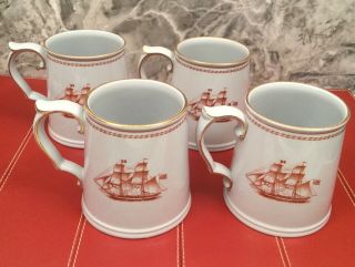 $440 Spode Trade Winds Red Gold Trim Set Of 4 Mug Tankards Crafted In England