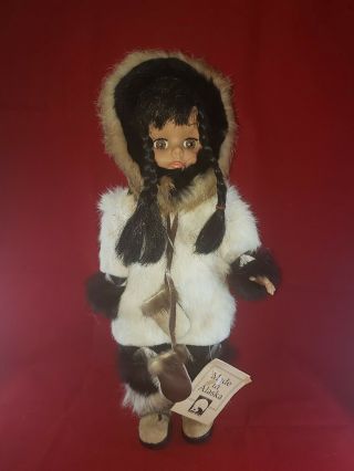 Memeluck 15 Inch Fur Eskimo Doll - Kukita - Made In Alaska Tags